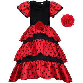ReliBeauty Girls Flamenco Costume Spanish Dancer Skirt Kids Halloween Fancy Dress with Red Flower