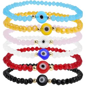 6Pcs Evil Eye Protection Bead Friendship Bracelets For Woman Girls, Boho Colorful Stone Crystal Stackable Stretch Bracelet Summer Jewelry Gifts