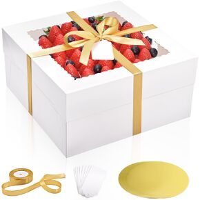 16Pcs 12x12x6 Inch Cake Boxes with Cake Boards (8Pcs White Cake Boxes, 8Pcs Cake Boards), Bakery Boxes with Window, Cake Carrier Container for Birthday Party, Wedding, Valentine's Day