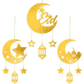3 Pcs Ramadan Decorations Ramadan Hanging Ornaments Wall Decor Ramadan Party Decoration Eid Hanging Decorations for Hanging on Walls Windows Trees (Gold)