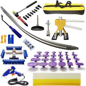 1set Car Dent Removal Kit, Auto Fender Damage Repair Big Curved Rod Crowbar Puller Lifter Rods Tools with Glue Tabs, Glue Sticks, Leveling Tools and More for Car Body Dent Repair