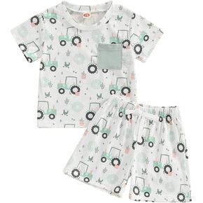 FIOMVA Toddler Baby Boy Summer Clothes Little Brother Big Brother Matching Outfit Shorts Set Infant Farm Tractor Clothes