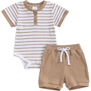 Newborn Baby Boy Girl Summer Clothes Striped Short Sleeve Ribbed Romper Tops Elastic Shorts Set Infant Outfits