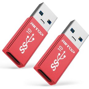 RIITOP USB A to USB C Adapter, USB C Female to USB A Male Converter Double-Side 10Gbps [Red, 2-Pack]