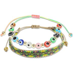Sonateomber 2PCS Evil Eye Protection Boho String Rope Braided Bracelets Set for Women Men Girls Charm Adjustable Handmade Couple Surfer Beads Anklets Kabbalah Strand Lucky BFF Jewelry Gift