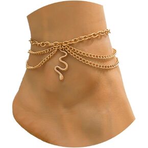 Boho Gold Layered Snake Anklets for Women Snake Bracelets,Gold Snake Charm Bracelets Chains Links Adjustable Anklets for Women Trendy Beaded Bracelets
