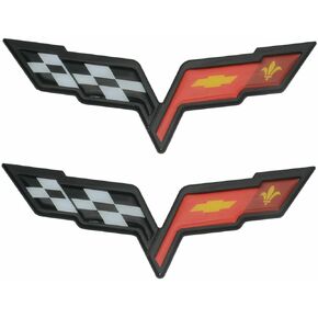 2Pcs C6 Corvette Emblem 2005-2013 Front Hood Rear Crossed Flags Badge Sticker Replacement for Corvette Black Red