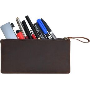 Leather Pencil Pouch, Currency Pouch, Leather Pencil Case, Zippered Pouch Paper Money, Pen Case, Pen & Marker Case, Pencil Case For Artists & Professionals (Brown)