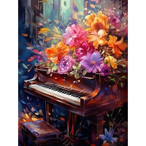 Zariocy 5D Diamond Art Kits for Adults Piano, DIY Diamond Painting Art Flowers Round Full Drill Crystal Diamond Embroidery Paintings Arts Craft for Home Office Wall Decor 12x16 inch