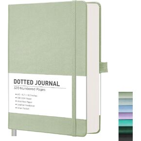 RETTACY Bullet Dotted Journal - دفتر ملاحظات شبكي منقط مقاس A5 مع 320 صفحة مرقمة، ورق خالٍ من الأحماض 100 جرام في المتر المربع، يوميات رصاصة، رسم، غلاف جلدي، جيب داخلي، 5.7 بوصة × 8.3 بوصة (أخضر فاتح)