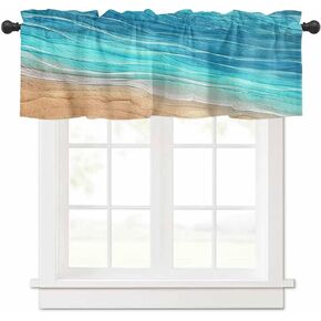 Teal Ombre Coastal Tie Up Valance Curtains for Windows, Summer Nautical Beach Kitchen Curtains Window Treatments, Ocean Seaside Short Window Shades Valances for Bedroom Bathroom Cafe 54"x18"