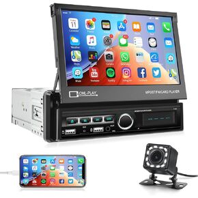 Single Din Touchscreen Car Radio, Rimoody 7'' Electric Flip Out Touch Screen Car Stereo with Bluetooth Mirror Link FM Radio with TF/USB/AUX + Rear View Camera