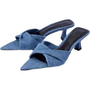 Women's Denim Kitten Heels Fashion Mules Sandals Sexy Crisscross Slingback Low Stiletto Slip-On Slides Sandals Open Pointed Toe Wedding Party Dress Pumps Slipper