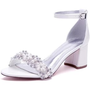 Pearl Wedding Shoes for Bride Block Heel Wedding Sandals Open Toe Bridal Heels