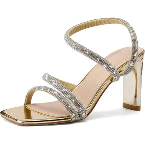 Gold Silver Square toe Heels for Women Rhinestone Sandals With prom Sexy Open Toe Square Elegant Summer Shoes