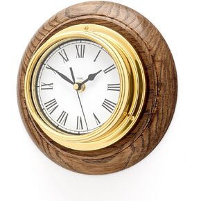 Classic Brass Roman Clock on an English Oak Mount, Heavy Lacquered Brass Case (1/2kg),Luxury Wall Clock and English Oak Mount, Handmade in England