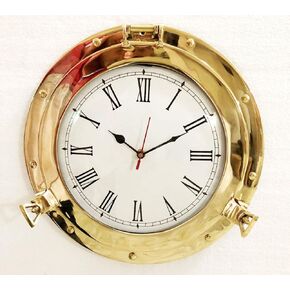Nagina International 12" Antique Marine Solid Brass Ship Porthole Analog Clock Nautical Wall Hanging Clock Home Decor