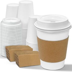 Ginkgo 100 Pack 12 oz Leak-Proof Coffee Cups with Lids and Sleeves Disposable Paper To Go Hot Coffee Cups for Home, Business, Office, Cafes and Parties