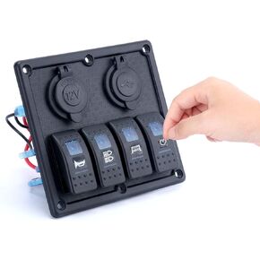Amarine Made Blue LED Light Indicator; Waterproof 4 Gang Rocker Switch Panel +Double USB Power Charger Adapter + 12V Cigarette Lighter Socket for Marine Boat CarMarine(PN-R4S2)