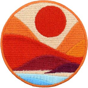 Embroidered Patches, Round Shape Sunset Nature Theme Iron On Sew On Applique Emblem