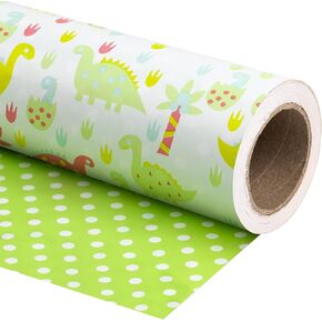 WRAPAHOLIC Reversible Wrapping Paper - 24 Inch X 100 Feet Jumbo Roll Dinosaur Design, Perfect for Kid's Birthday, Party, Baby Shower and More Occasions