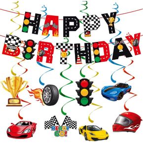 Race Car Birthday Decorations Banner,Cars Birthday Decorations for Boys,Car Themed Birthday Party Decorations,Hot Car Party Decorations,Race Car Happy Birthday Banner