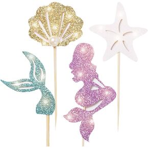 24 pcs mermaid Party Decoration Supplies-Adorable Glitter Mermaid Theme Cupcake Topper,Perfect for Birthday Party,Baby Shower,Mermaid Theme Party(mermaid tail,starfish,mermaid,shell)