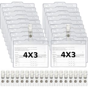 Name Tags with Clips Name Tag Holder for 4 x 3 ID Badge, Clear Waterproof Vinyl Plastic Sleeve Cover Horizontal Card Holder for Travel and Events (20 Pieces)