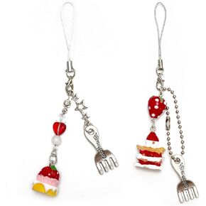 Cute Phone Charm Aesthetic Y2K Phone Charms Strap Red Strawberry Bear Star Cake Fork Spoon Heart Accessories for Phone Keychain Camera Purse Backpack Bag Pendants Décor (Cake+ Strawberry cake) in Kuwait