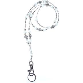 Hidden Hollow Beads Super Slim White Strong Breakaway Clasp Women's Lanyard, Beaded Badge ID Card Holder, Made in USA Teacher Cruise Key Keychain Phone
