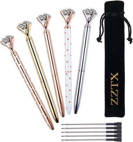 ZZTX 5 قطع من قلم حبر جاف كبير كريستالي ماسي من قلم حبر جاف معدني لامع للوازم المكتبية، يتضمن 5 حقائب مخملية سوداء in Kuwait
