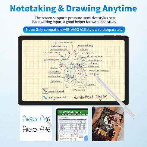 تابلت aigo مقاس 10.6 بوصة بنظام Android 2K، سعة 16 جيجابايت (8+8) + 128 جيجابايت، تابلت ثماني النواة Android 13 للألعاب، بطارية طويلة 6000 مللي أمبير في الساعة، نظام تحديد المواقع العالمي (GPS)، واي فاي مزدوج - A16 Pro in Kuwait