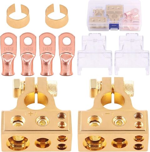 Glarks 8Pcs Gold Car Battery Terminal Connectors Kit 4Pcs Copper Wire Ring lugs and 2Pcs 0/2/4/8/10 Gauge Negative Positive Battery Terminals with Shims and Covers for Car, Vehicle, RV and Boat Use in Saudi Arabia