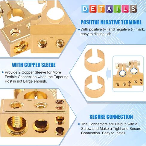 Glarks 8Pcs Gold Car Battery Terminal Connectors Kit 4Pcs Copper Wire Ring lugs and 2Pcs 0/2/4/8/10 Gauge Negative Positive Battery Terminals with Shims and Covers for Car, Vehicle, RV and Boat Use in Saudi Arabia