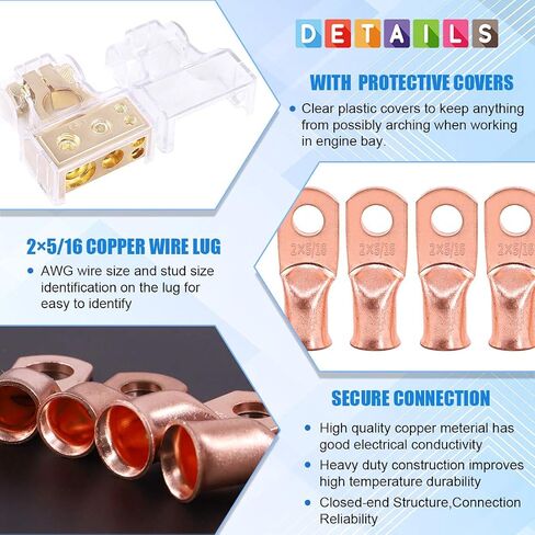 Glarks 8Pcs Gold Car Battery Terminal Connectors Kit 4Pcs Copper Wire Ring lugs and 2Pcs 0/2/4/8/10 Gauge Negative Positive Battery Terminals with Shims and Covers for Car, Vehicle, RV and Boat Use in Saudi Arabia