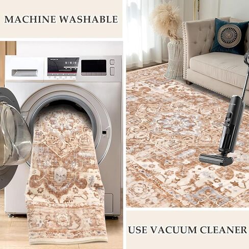 Pauwer Boho Area Rug 3x5, Machine Washable Area Rugs for Living Room, Soft Bedroom Throw Area Rug with Non Slip Rubber Backing, Farmhouse Vintage Area Rug Carpet for Entryway Dorm Kitchen, Beige in Kuwait