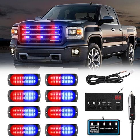 8x24 LED سطح الرأس جبل صغير شواء مصبغة أضواء تحذير ستروب مع وحدة تحكم العرض الرقمي، العنبر خطر الطوارئ مستشار المرور ضوء السلامة، 18 وسائط وامض للشاحنات ومركبات السيارات in Kuwait