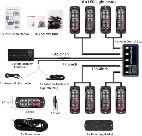 8x24 LED سطح الرأس جبل صغير شواء مصبغة أضواء تحذير ستروب مع وحدة تحكم العرض الرقمي، العنبر خطر الطوارئ مستشار المرور ضوء السلامة، 18 وسائط وامض للشاحنات ومركبات السيارات in Kuwait