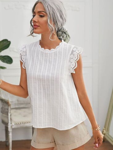 Floerns Women's Mock Neck Guipure Lace Trim Blouse Tops in Saudi Arabia