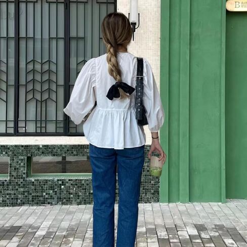 بلوزة نسائية بربطة أمامية بأكمام منتفخة وأربطة بيبلوم، قميص بيبي دول لطيف، ملابس خروج للخارج in Kuwait