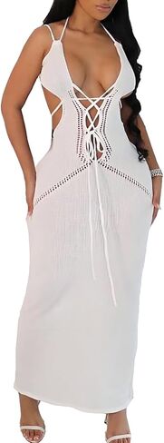 المرأة الرسن Bodycon فستان ماكسي الخامس الرقبة أكمام التعادل عارية الذراعين الجوف خارج متماسكة فستان طويل نادي الحفلات ليلة خارج اللباس in Kuwait