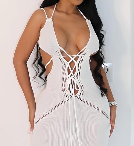 المرأة الرسن Bodycon فستان ماكسي الخامس الرقبة أكمام التعادل عارية الذراعين الجوف خارج متماسكة فستان طويل نادي الحفلات ليلة خارج اللباس in Kuwait