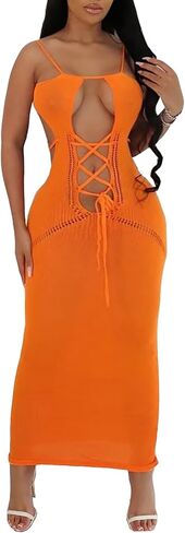 Women's Halter Bodycon Maxi Dress V Neck Sleeveless Tie Backless Hollow Out Knit Long Dress Party Club Night Out Dress in Saudi Arabia