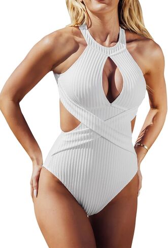 CUPSHE Women's One Piece Swimsuit High Neck Cutout Ribbed Texture Back Hook Hollow Wrapped in Saudi Arabia