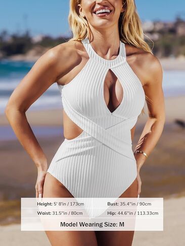 CUPSHE Women's One Piece Swimsuit High Neck Cutout Ribbed Texture Back Hook Hollow Wrapped in Saudi Arabia