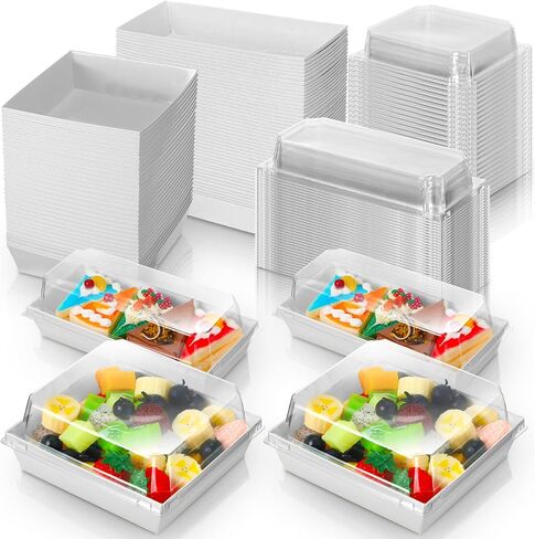 100 Pack 2 Size Paper Charcuterie Box with Clear Safety Lid 5'' White Square Disposable Food Container Bakery Bread Box 7.5'' Long Baking Box for Sandwich Cake Cookies Pastry Dessert Salad Display in Saudi Arabia