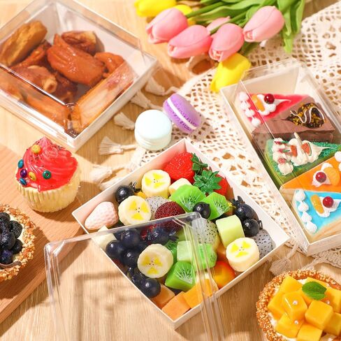 100 Pack 2 Size Paper Charcuterie Box with Clear Safety Lid 5'' White Square Disposable Food Container Bakery Bread Box 7.5'' Long Baking Box for Sandwich Cake Cookies Pastry Dessert Salad Display in Saudi Arabia