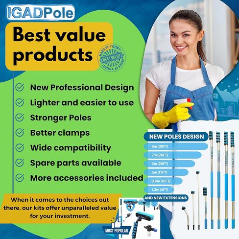 12 Feet IGADPole Long Handle Squeegee: Professional Window Cleaning Kit with 24ft Aluminium Extension Pole, Suitable for Window Wash at Home or Small Business. in Saudi Arabia