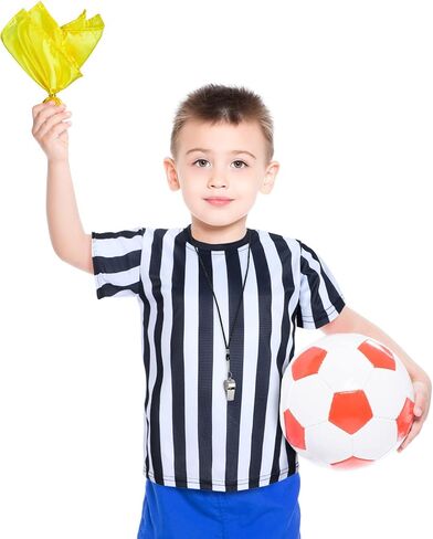 Funtery 3 Pcs Children's Referee Shirt Costume Black and White Stripe Umpire Jersey Whistle Yellow Penalty Flag for Halloween in Saudi Arabia