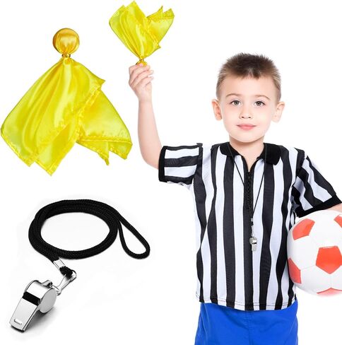 Funtery 3 Pcs Children's Referee Shirt Costume Black and White Stripe Umpire Jersey Whistle Yellow Penalty Flag for Halloween in Saudi Arabia